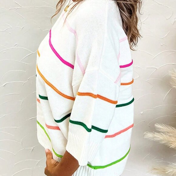 Multicolor Casual Women's Stripe Pattern Batwing 3/4 Sleeve Loose Sweater - Picture 4 of 9